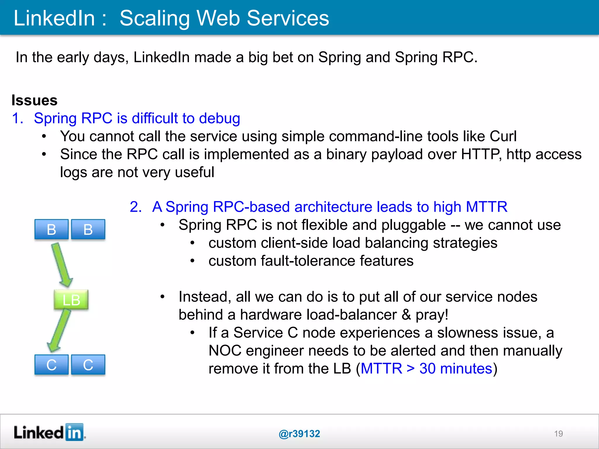 LinkedIn : Scaling Web Services
@r39132 19
In the early days, LinkedIn made a big bet on Spring and Spring RPC.
Issues
1. Spring RPC is difficult to debug
• You cannot call the service using simple command-line tools like Curl
• Since the RPC call is implemented as a binary payload over HTTP, http access
logs are not very useful
B B
C C
LB
2. A Spring RPC-based architecture leads to high MTTR
• Spring RPC is not flexible and pluggable -- we cannot use
• custom client-side load balancing strategies
• custom fault-tolerance features
• Instead, all we can do is to put all of our service nodes
behind a hardware load-balancer & pray!
• If a Service C node experiences a slowness issue, a
NOC engineer needs to be alerted and then manually
remove it from the LB (MTTR > 30 minutes)
 