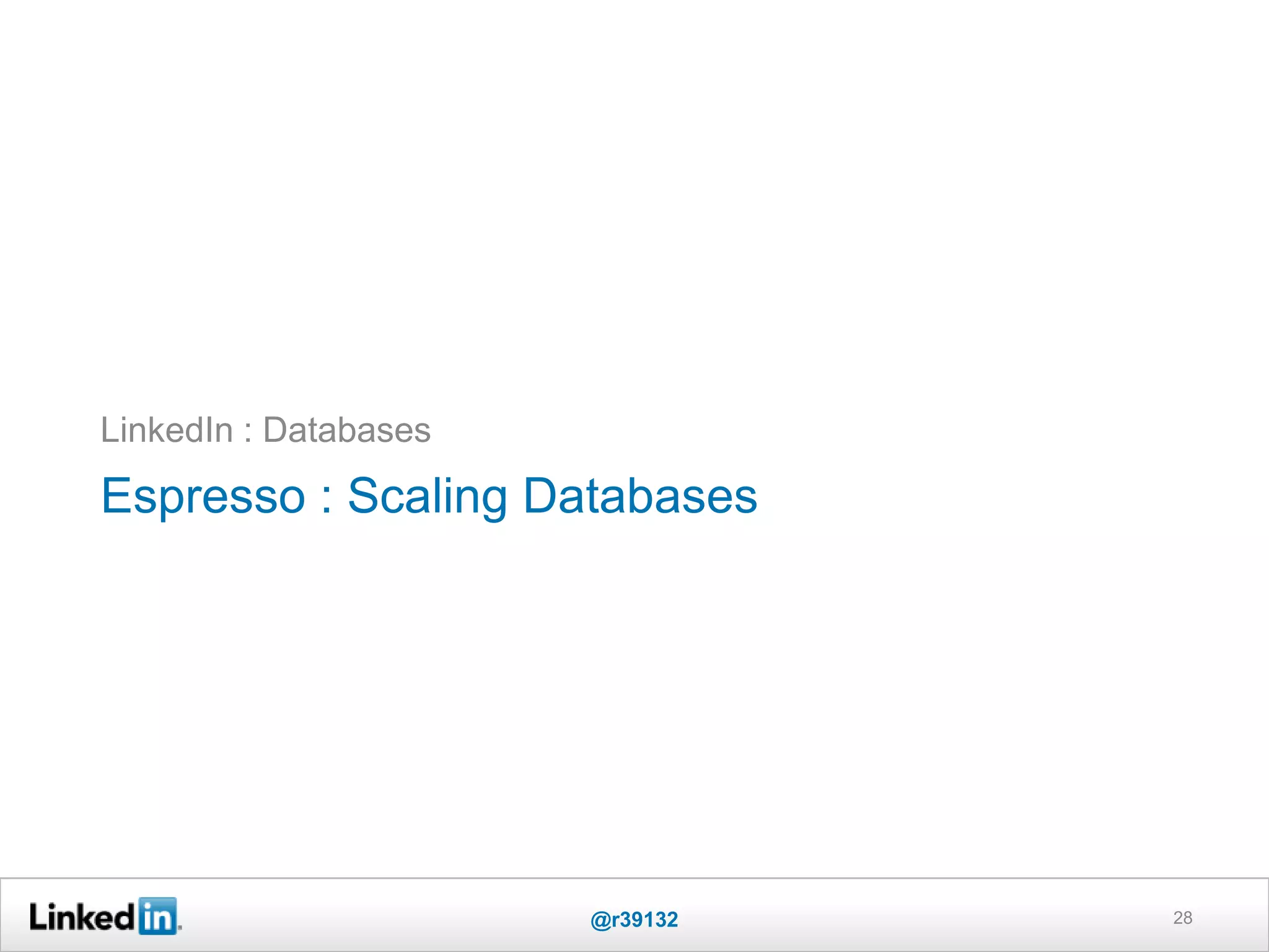 Espresso : Scaling Databases
LinkedIn : Databases
28@r39132
 