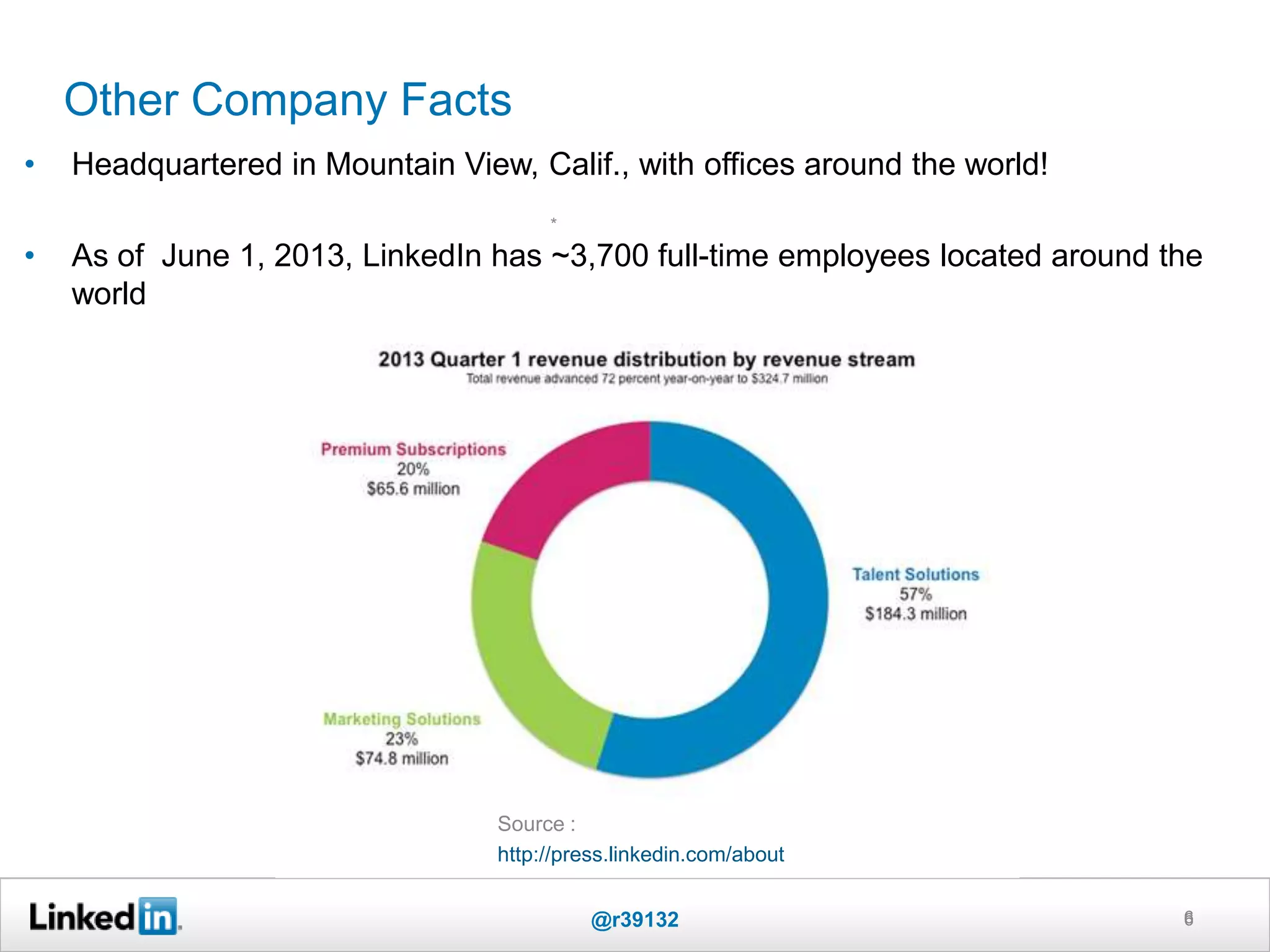 Other Company Facts
6
*
• Headquartered in Mountain View, Calif., with offices around the world!
• As of June 1, 2013, LinkedIn has ~3,700 full-time employees located around the
world
@r39132 6
Source :
http://press.linkedin.com/about
 
