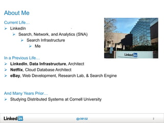 About Me
2
*
Current Life…
 LinkedIn
 Search, Network, and Analytics (SNA)
 Search Infrastructure
 Me
In a Previous Life…
 LinkedIn, Data Infrastructure, Architect
 Netflix, Cloud Database Architect
 eBay, Web Development, Research Lab, & Search Engine
And Many Years Prior…
 Studying Distributed Systems at Cornell University
@r39132 2
 