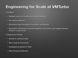 Engineering for Scale at VMTurbo	
• Problems
• Release cycle for 6 months with interim patches
• No metrics captured
• Monolothic team because of monolithic architecture
• Monolothic Architecture caused scalability, concurrency and tangled interface
between components.
• Catalysts for Change
• Growth in customer base
• More Large Environments
• Geographical Spread of Team
• More Frequent Deleviries
 