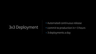• Automated continuous release
• commit to production in < 3 hours
• 3 deployments a day
3x3 Deployment
 