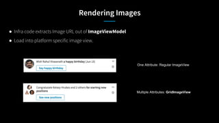 Rendering Images
● Infra code extracts Image URL out of ImageViewModel
● Load into platform specific image view.
One Attribute: Regular ImageView
Multiple Attributes: GridImageView
 