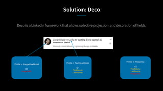 Solution: Deco
Deco is a LinkedIn framework that allows selective projection and decoration of fields.
Profile in TextViewModel
ID
FirstName
LastName
Profile in ImageViewModel
ID
ImageURL
Profile in Response
ID
FirstName
LastName
ImageURL
 