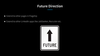 Future Direction
● Extend to other pages in Flagship
● Extend to other LinkedIn apps like JobSeeker, Recruiter etc.
 