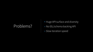 • Huge API surface and diversity
• No IDL/schema backing API
• Slow iteration speed
Problems?
 