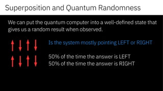 Superposition and Quantum Randomness
We can put the quantum computer into a well-defined state that
gives us a random result when observed.
Is the system mostly pointing LEFT or RIGHT
50% of the time the answer is LEFT
50% of the time the answer is RIGHT
 