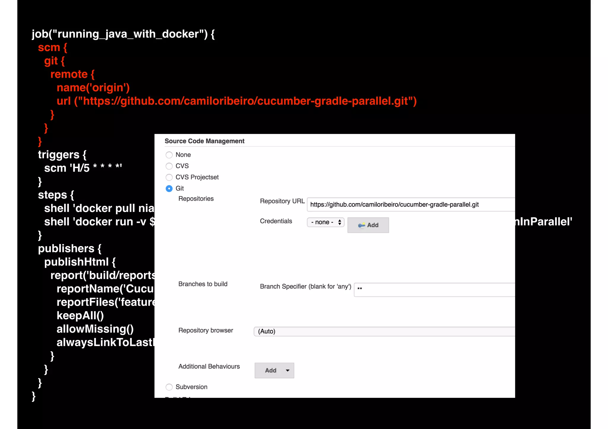 job("running_java_with_docker") {
scm {
git {
remote {
name('origin')
url ("https://github.com/camiloribeiro/cucumber-gradle-parallel.git")
}
}
}
triggers {
scm 'H/5 * * * *'
}
steps {
shell 'docker pull niaquinto/gradle:2.5'
shell 'docker run -v $WORKSPACE/:/gradle -w /gradle niaquinto/gradle:2.5 clean build runInParallel'
}
publishers {
publishHtml {
report('build/reports/cucumber') {
reportName('Cucumber Report')
reportFiles('feature-overview.html')
keepAll()
allowMissing()
alwaysLinkToLastBuild()
}
}
}
}
 