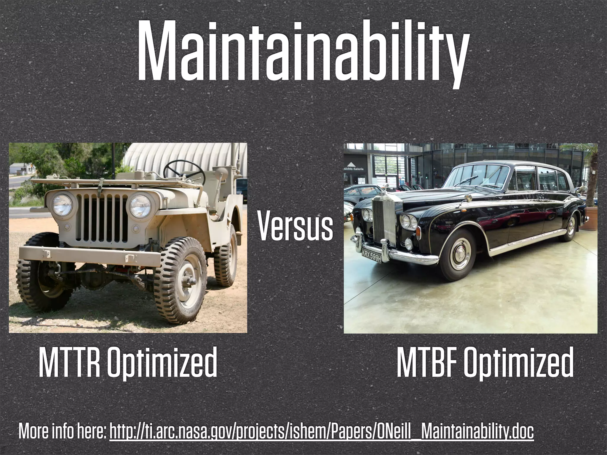 Maintainability
                                        Versus


   MTTR Optimized                                              MTBF Optimized
More info here: http://ti.arc.nasa.gov/projects/ishem/Papers/ONeill_Maintainability.doc
 