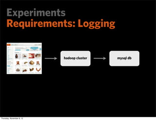 Experiments
     Requirements: Logging

                           hadoop cluster   mysql db




Thursday, November 8, 12
 