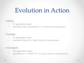 Evolution in Action 
• eBay 
• 5th generation today 
• Monolithic Perl  Monolithic C++  Java  microservices 
• Twitter 
• 3rd generation today 
• Monolithic Rails  JS / Rails / Scala  microservices 
• Amazon 
• Nth generation today 
• Monolithic C++  Perl / C++  Java / Scala  microservices 
 