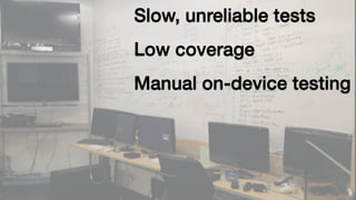 Slow, unreliable tests 
Low coverage 
Manual on-device testing 
 