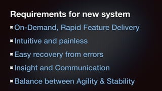 Requirements for new system 
On-Demand, Rapid Feature Delivery 
Intuitive and painless 
Easy recovery from errors 
Insight and Communication 
Balance between Agility & Stability 
 