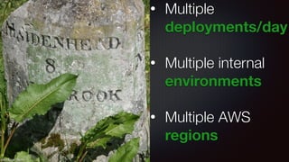 • Multiple 
deployments/day 
! 
• Multiple internal 
environments 
! 
• Multiple AWS 
regions 
http://bit.ly/13qrIfw 
 