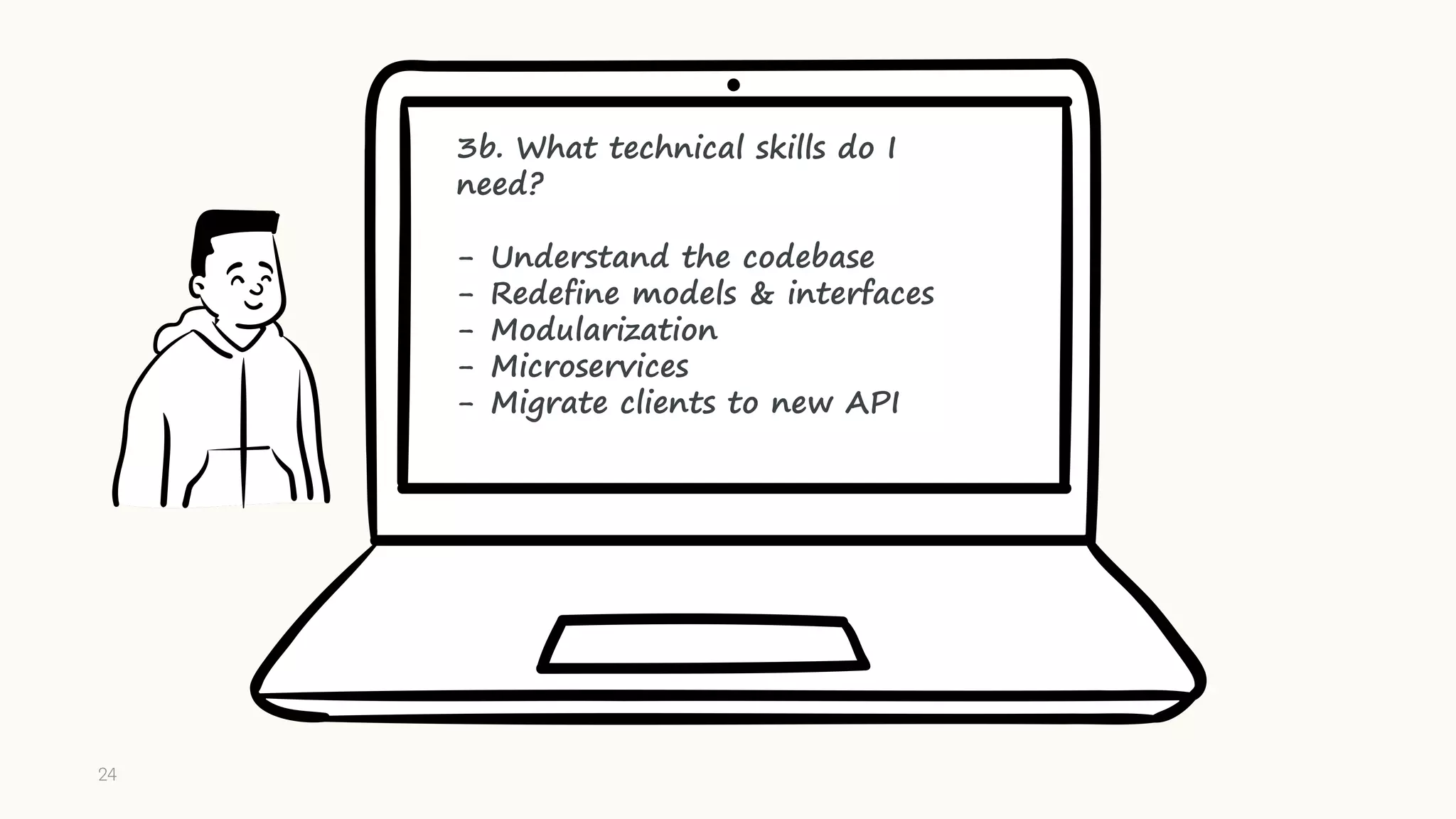 3b. What technical skills do I
need?
- Understand the codebase
- Redefine models & interfaces
- Modularization
- Microservices
- Migrate clients to new API
24
 
