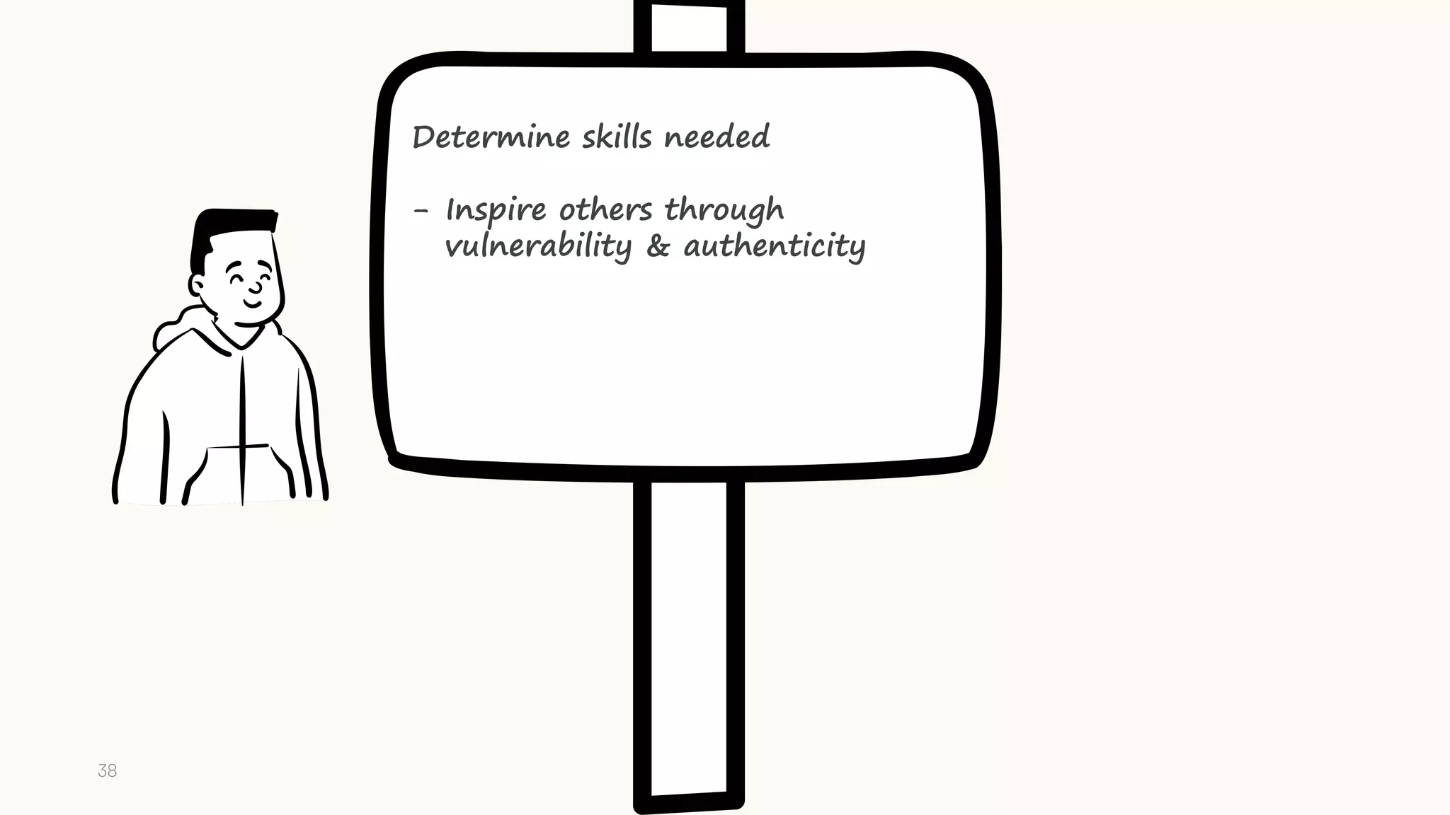 Determine skills needed
- Inspire others through
vulnerability & authenticity
38
 