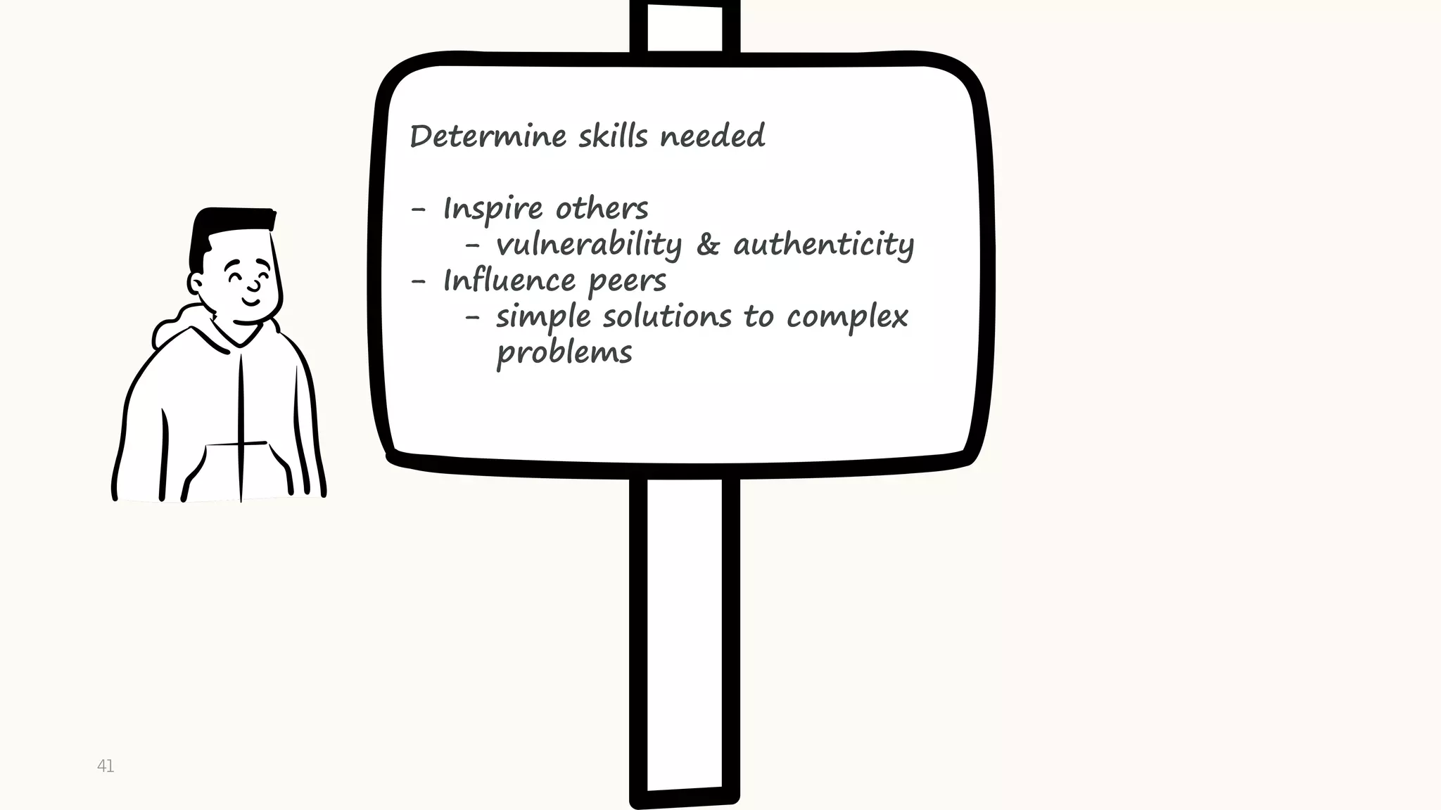 Determine skills needed
- Inspire others
- vulnerability & authenticity
- Influence peers
- simple solutions to complex
problems
41
 