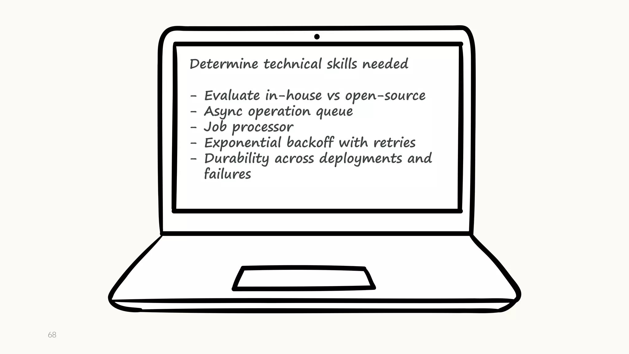 68
Determine technical skills needed
- Evaluate in-house vs open-source
- Async operation queue
- Job processor
- Exponential backoff with retries
- Durability across deployments and
failures
 