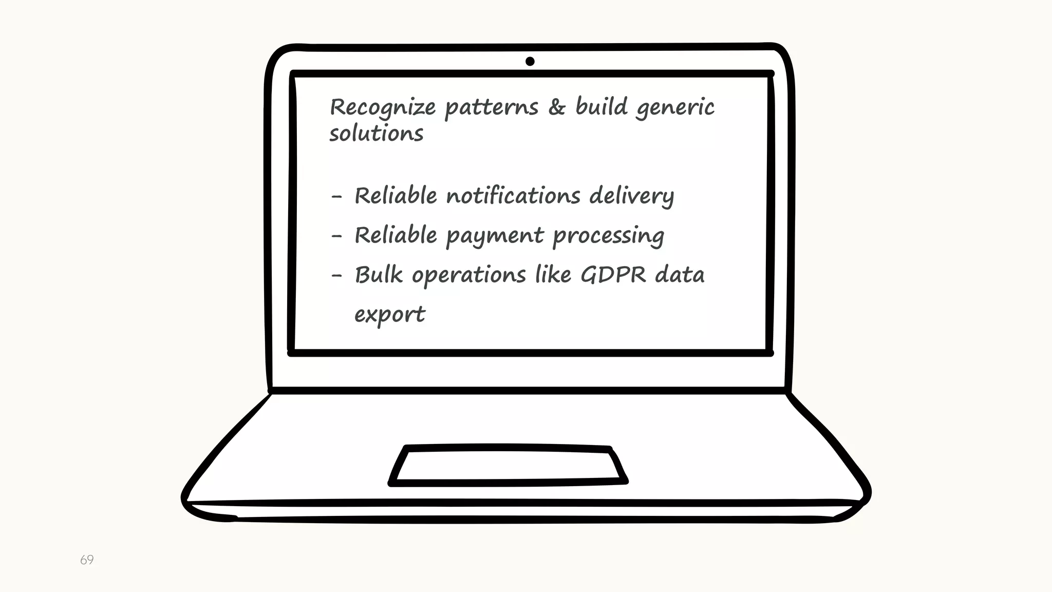 69
Recognize patterns & build generic
solutions
- Reliable notifications delivery
- Reliable payment processing
- Bulk operations like GDPR data
export
 