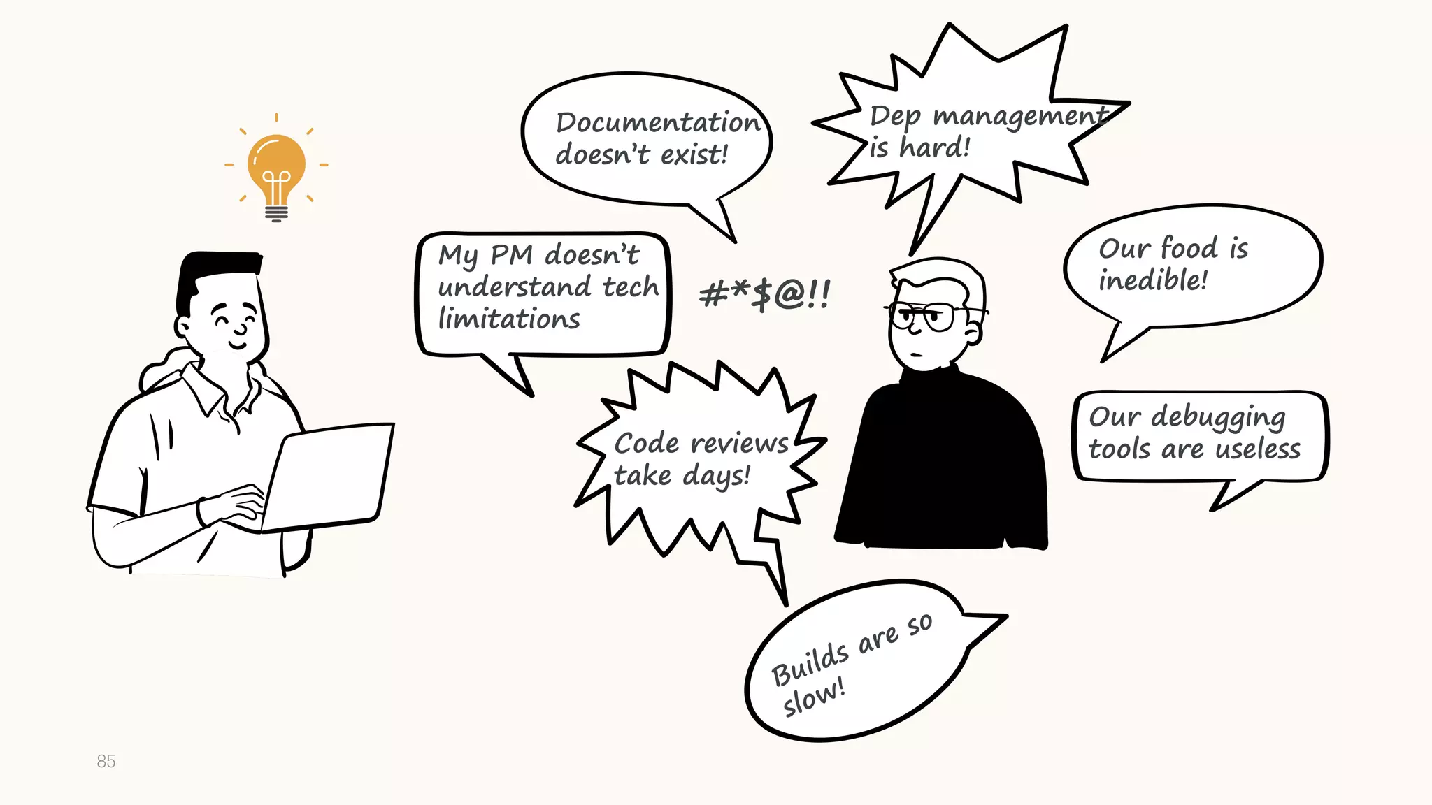 #*$@!!
85
Our food is
inedible!
Documentation
doesn’t exist!
Builds are so
slow!
My PM doesn’t
understand tech
limitations
Our debugging
tools are useless
Code reviews
take days!
Dep management
is hard!
 