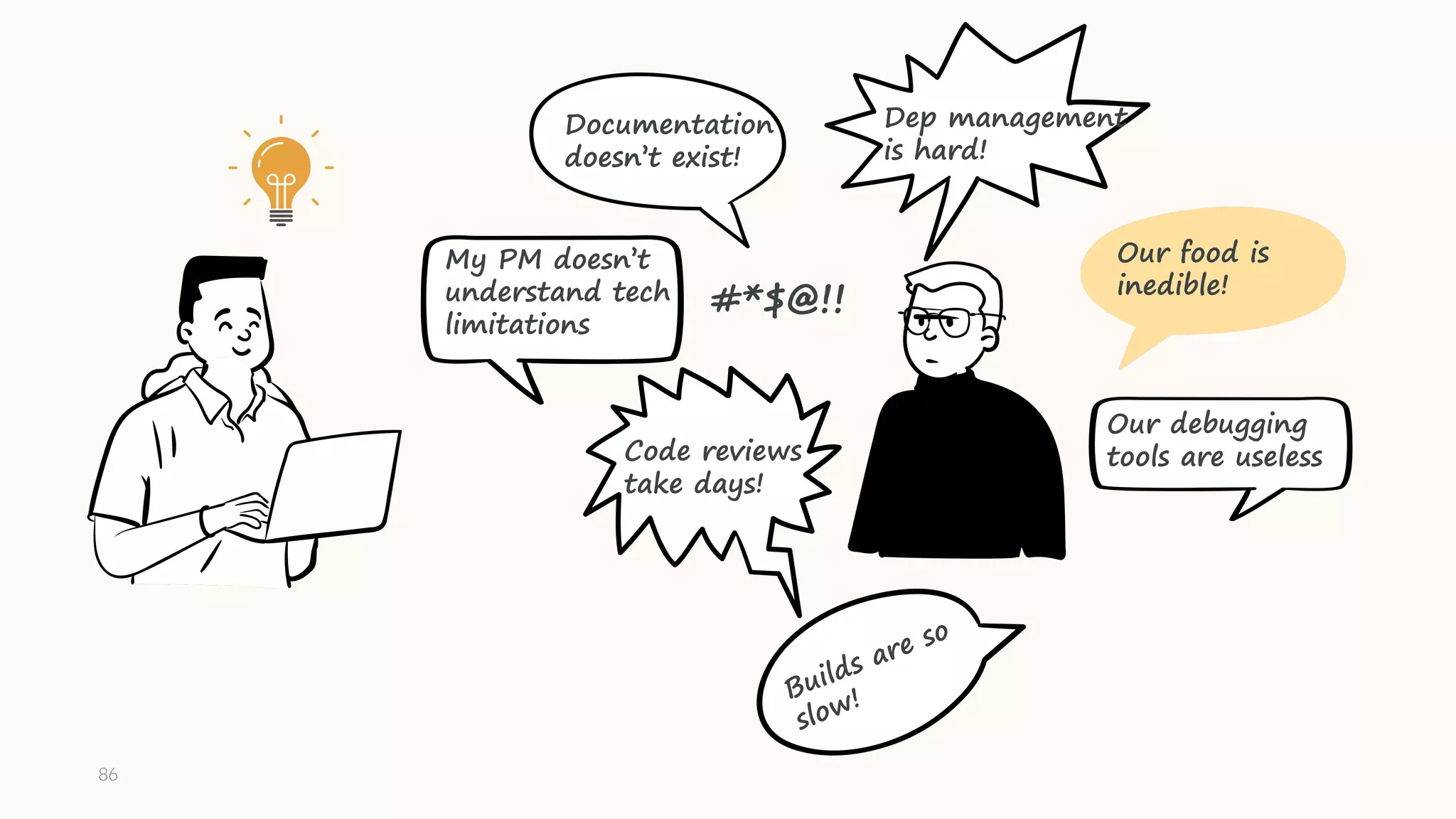 #*$@!!
86
Our food is
inedible!
Documentation
doesn’t exist!
Builds are so
slow!
My PM doesn’t
understand tech
limitations
Our debugging
tools are useless
Code reviews
take days!
Dep management
is hard!
 