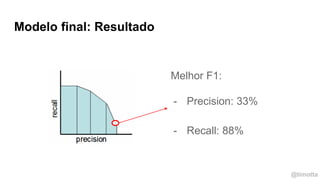 @timotta
Modelo final: Resultado
Melhor F1:
- Precision: 33%
- Recall: 88%
 