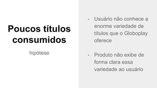 @timotta
Poucos títulos
consumidos
hipótese
- Usuário não conhece a
enorme variedade de
títulos que o Globoplay
oferece
- Produto não exibe de
forma clara essa
variedade ao usuário
 