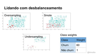@timotta
Lidando com desbalanceamento
Oversampling
Undersampling
Smote
Class weights
Class Weight
Churn 60
Não churn 1
 