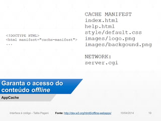 Garanta o acesso do
conteúdo offline
AppCache
10/04/2014Interface é código - Talita Pagani 19Fonte: http://dev.w3.org/html5/offline-webapps/
 