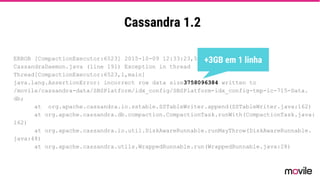 Cassandra 1.2
ERROR [CompactionExecutor:6523] 2015-10-09 12:33:23,551
CassandraDaemon.java (line 191) Exception in thread
Thread[CompactionExecutor:6523,1,main]
java.lang.AssertionError: incorrect row data size3758096384 written to
/movile/cassandra-data/SBSPlatform/idx_config/SBSPlatform-idx_config-tmp-ic-715-Data.
db;
at org.apache.cassandra.io.sstable.SSTableWriter.append(SSTableWriter.java:162)
at org.apache.cassandra.db.compaction.CompactionTask.runWith(CompactionTask.java:
162)
at org.apache.cassandra.io.util.DiskAwareRunnable.runMayThrow(DiskAwareRunnable.
java:48)
at org.apache.cassandra.utils.WrappedRunnable.run(WrappedRunnable.java:28)
+3GB em 1 linha
 