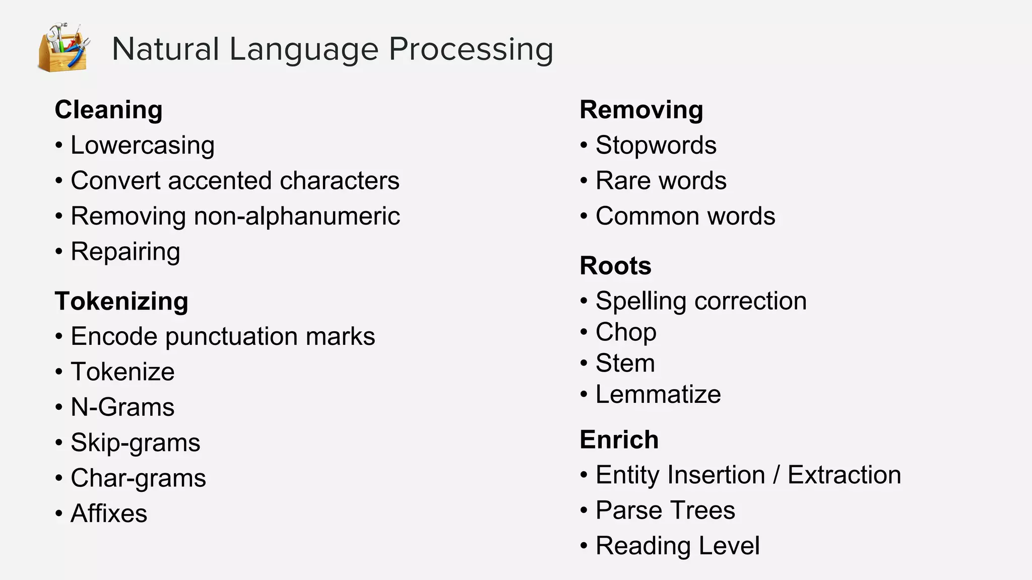Natural Language Processing
Cleaning
• Lowercasing
• Convert accented characters
• Removing non-alphanumeric
• Repairing
Tokenizing
• Encode punctuation marks
• Tokenize
• N-Grams
• Skip-grams
• Char-grams
• Affixes
Removing
• Stopwords
• Rare words
• Common words
Roots
• Spelling correction
• Chop
• Stem
• Lemmatize
Enrich
• Entity Insertion / Extraction
• Parse Trees
• Reading Level
 