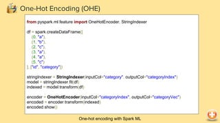 One-hot encoding with Spark ML
One-Hot Encoding (OHE)
from pyspark.ml.feature import OneHotEncoder, StringIndexer
df = spark.createDataFrame([
(0, "a"),
(1, "b"),
(2, "c"),
(3, "a"),
(4, "a"),
(5, "c")
], ["id", "category"])
stringIndexer = StringIndexer(inputCol="category", outputCol="categoryIndex")
model = stringIndexer.fit(df)
indexed = model.transform(df)
encoder = OneHotEncoder(inputCol="categoryIndex", outputCol="categoryVec")
encoded = encoder.transform(indexed)
encoded.show()
 