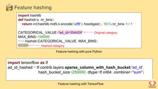 Feature hashing
import hashlib
def hashstr(s, nr_bins):
return int(hashlib.md5(s.encode('utf8')).hexdigest(), 16)%(nr_bins-1)+1
CATEGORICAL_VALUE='ad_id=354424'
MAX_BINS=100000
>>> hashstr(CATEGORICAL_VALUE, MAX_BINS)
49389
Feature hashing with pure Python
Original category
Hashed category
import tensorflow as tf
ad_id_hashed = tf.contrib.layers.sparse_column_with_hash_bucket('ad_id',
hash_bucket_size=250000, dtype=tf.int64, combiner="sum")
Feature hashing with TensorFlow
 