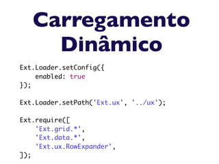Carregamento
     Dinâmico
Ext.Loader.setConfig({
    enabled: true
});

Ext.Loader.setPath('Ext.ux', '../ux');

Ext.require([
    'Ext.grid.*',
    'Ext.data.*',
    'Ext.ux.RowExpander',
]);
 