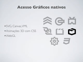 Acesso Gráﬁcos nativos



•SVG, Canvas, VML
•Animações 3D com CSS
•WebGL
 
