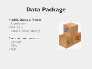 Data Package
Models, Stores, e Proxies
- Associations
- Validation
- Local & server storage

Consumir web services
- JSON/P
- XML
- YQL
 