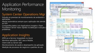 System Center Operations Mgr
Application Insights
Alertas de incidentes em
produção
Alertas automáticos com
informação contextual
relevante
Identifique
problemas e
padrões em sua
plataforma e
na aplicação em
produção
Cheque o pulso de sua
plataforma e aplicação
Monte um dashboard de
sua plataforma e aplicação
com as métricas que lhe
interessam
 