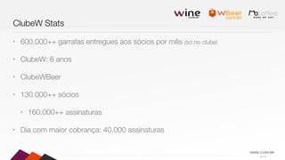 2016
ClubeW Stats
• 600.000++ garrafas entregues aos sócios por mês (só no clube)
• ClubeW: 6 anos
• ClubeWBeer
• 130.000++ sócios
• 160.000++ assinaturas
• Dia com maior cobrança: 40.000 assinaturas
 
