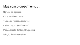 Mas com o crescimento . . .
Número de acessos
Consumo de recursos
Tempo de resposta aceitável
Falhas não podem impactar
Popularização de Cloud Computing
Adoção de Microservices
 