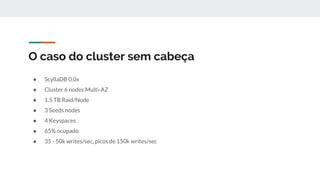 O caso do cluster sem cabeça
● ScyllaDB 0.0x
● Cluster 6 nodes Multi-AZ
● 1.5 TB Raid/Node
● 3 Seeds nodes
● 4 Keyspaces
● 65% ocupado
● 35 - 50k writes/sec, picos de 150k writes/sec
 