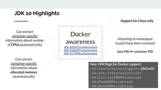 JDK 10 Highlights
Docker
awareness
JDK-8146115 enhancement
JDK-8186309 enhancement
JDK-8179498 enhancement
Can extract
container-specific
information about number
of CPUs (automatically)
Can extract
container-specific
information about
allocated memory
(automatically)
Attaching to namespace
issue(s) have been resolved!
host PID ⇒ container PID
New JVM flags for Docker support:
-XX:UseContainerSupport (default)
-XX:ActiveProcessorCount
-XX:InitialRAMPercentage
-XX:MaxRAMPercentage
-XX:MinRAMPercentage
Support for Linux only
 