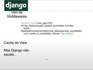 13
Uso de
Middlewares
Cache de View
Mas Django não
escala...
@cache_control(max_age=300)
def top_atletas(request, periodo, quantidade, formato):
dados =
MateriaSemanticaController().top_atletas(periodo, quantidade)
return render_to_json(dados, formato, 'top_atletas')
 