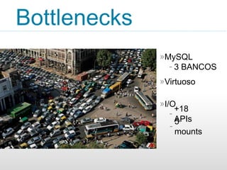 Bottlenecks
14
MySQL»
Virtuoso»
I/O»
3 BANCOS-
+18
APIs
-
5
mounts
-
 