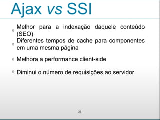 Ajax vs SSI
Melhor para a indexação daquele conteúdo
(SEO)
»
22
Diferentes tempos de cache para componentes
em uma mesma página
»
Melhora a performance client-side»
Diminui o número de requisições ao servidor»
 