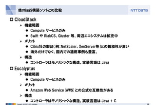 他のIaaS構築ソフトとの比較
CloudStack
機能範囲
Compute サービスのみ
Swift や RiakCS、Gluster 等、周辺エコシステムは拡充中
メリット
Citrix社の製品（例：NetScaler、XenServer等）との親和性が高い
海外だけでなく、国内での適用事例も豊富。
36Copyright © 2013 NTT DATA Corporation
構造
コントローラはモノリシックな構造。実装言語は Java
Eucalyptus
機能範囲
Compute サービスのみ
メリット
Amazon Web Service(AWS)との公式な互換性がある
構造
コントローラはモノリシックな構造。実装言語は Java + C
 