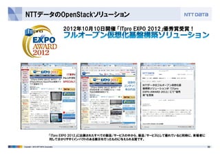 NTTデータのOpenStackソリューション
2012年10月10日開催 「ITpro EXPO 2012」優秀賞受賞！
50Copyright © 2013 NTT DATA Corporation
「ITpro EXPO 2012」に出展されたすべての製品/サービスの中から、製品/サービスとして優れていると同時に、来場者に
対して分かりやすくインパクトのある展示を行ったものに与えられる賞です。
 