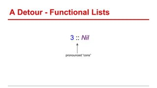 A Detour - Functional Lists
1 :: 2 :: 3 :: Nil
pronounced “cons”
 