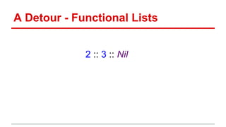 A Detour - Functional Lists
1 :: 2 :: 3 :: Nil
 