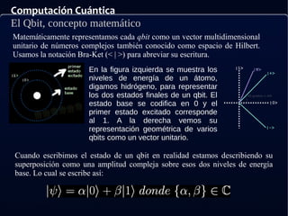 Computación Cuántica
El Qbit, concepto matemático
Matemáticamente representamos cada qbit como un vector multidimensional
unitario de números complejos también conocido como espacio de Hilbert.
Usamos la notación Bra-Ket (< | >) para abreviar su escritura.
Cuando escribimos el estado de un qbit en realidad estamos describiendo su
superposición como una amplitud compleja sobre esos dos niveles de energía
base. Lo cual se escribe así:
En la figura izquierda se muestra los
niveles de energía de un átomo,
digamos hidrógeno, para representar
los dos estados finales de un qbit. El
estado base se codifica en 0 y el
primer estado excitado corresponde
al 1. A la derecha vemos su
representación geométrica de varios
qbits como un vector unitario.
 