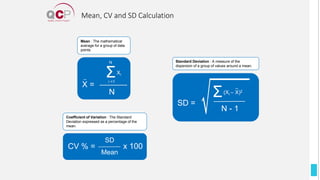 Mean, CV and SD Calculation
CV % =
SD
Mean
x 100
Coefficient of Variation : The Standard
Deviation expressed as a percentage of the
mean.
Mean : The mathematical
average for a group of data
points.
X =
N
Σ
N
i =1
Xi
SD =
Σ(Xi – X)2
N - 1
Standard Deviation : A measure of the
dispersion of a group of values around a mean.
 